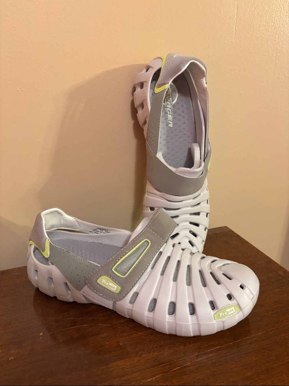 Propet Women's White and Gray Slip-On Sandal with Lime Accents